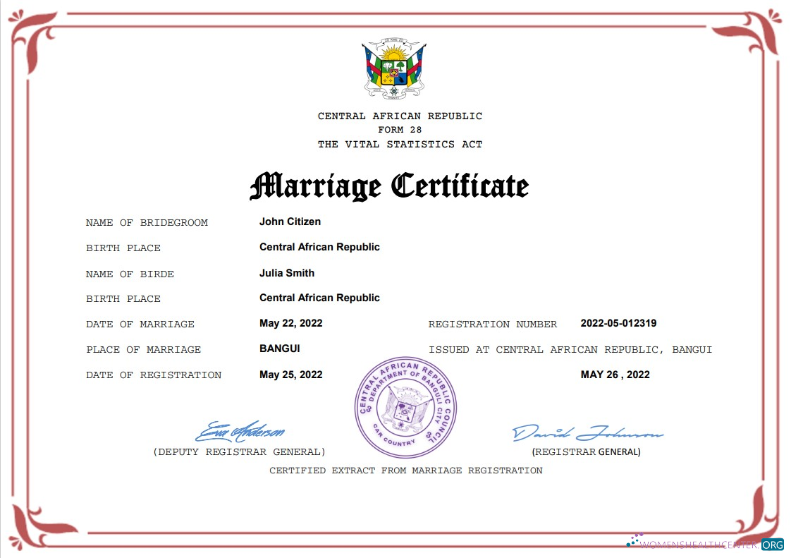 Download Central African Republic marriage certificate Word and PDF template Photoshop template